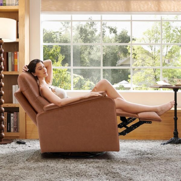 Swivel Rocking Recliner Glider Chair, Leather Reclining Rocker Chair with Footrest for Living Room, Nursery, Office, Bedroom, Ergonomic High Backrest, Wide Seat Cushion and Metal Base-Cocoa - Image 3