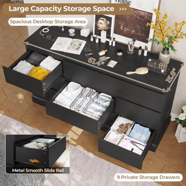 Hasuit Modern Black Bedroom Dresser with 9 Drawers, 61.4" Wide Dresser Chest of Drawers with Large Capacity Storage, Long Dresser TV Stand with Power Outlets, Sturdy Storage Cabinet for Living Room - Image 3