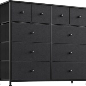 REAHOME Dresser for Bedroom with 10 Drawers, Wide Black Dresser with Wood Top, Fabric Storage Tower, Sturdy Steel Frame Storage Organizer for Living Room, Hallway, Entryway, Closets, Black Grey