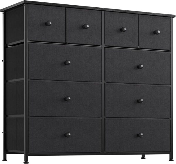 REAHOME Dresser for Bedroom with 10 Drawers, Wide Black Dresser with Wood Top, Fabric Storage Tower, Sturdy Steel Frame Storage Organizer for Living Room, Hallway, Entryway, Closets, Black Grey