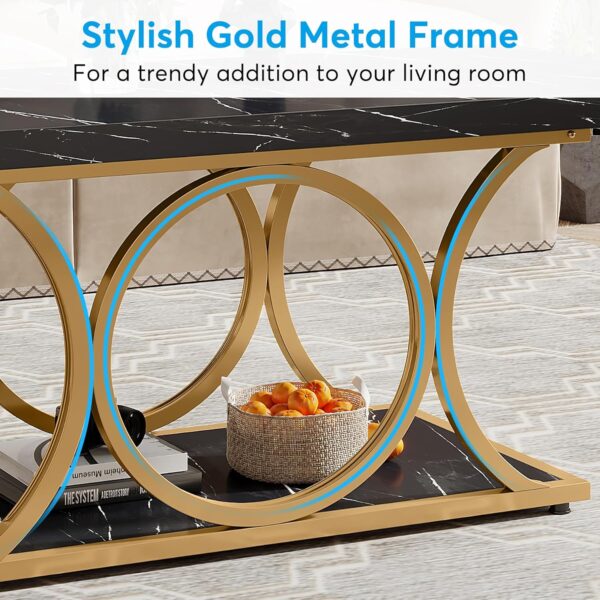 Tribesigns Rectangle Coffee Table, 47.24-inch Modern Coffee Tables for Living Room, 2-Tier Faux Marble Wood Coffee Table with Geometric Metal Legs, Furniture with Storage Shelf (Black & Gold) - Image 6