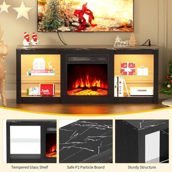 BREEZEHEAT 58inch Electric Fireplace TV Stand for 65'' TV-Entertainment Center with 18'' Fireplace and Led Light-TV Console with Glass Shelves, Power Outlets, Remote Control (Black Marble) - Image 3