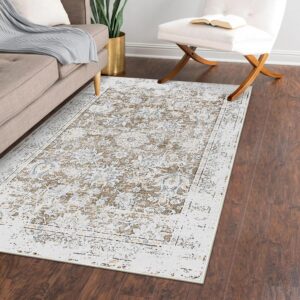 Vintage Floarl Washable Living Room Rug, 3x5 Indoor Non Slip Rugs for Kitchen Floor Taupe Boho Rugs for Bedroom, Distressed Rug for Entryway Office Dining Room Fireplace