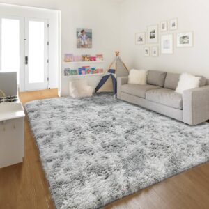 KICMOR Luxury Light Grey Area Rugs for Living Room, 5x8 Large Tie-Dyed Fluffy Fuzzy Shag Bedroom Floor Carpets, Gray Anti-Skid Thick Soft Shaggy Plush Washable Nursery Rugs for Kids Girls Room Decor