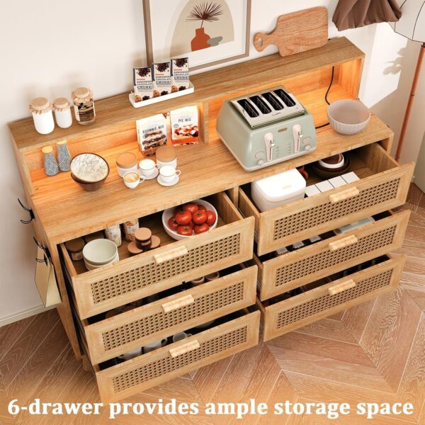 Dresser for Bedroom, 6 Drawer Boho Dresser with LED Light, Rattan Chest of Dressers, Modern Wood Dresser Chest, BesideTable for closet,Storage Organizer Cabinet for Hallway Entryway LivingRoom Natural - Image 4