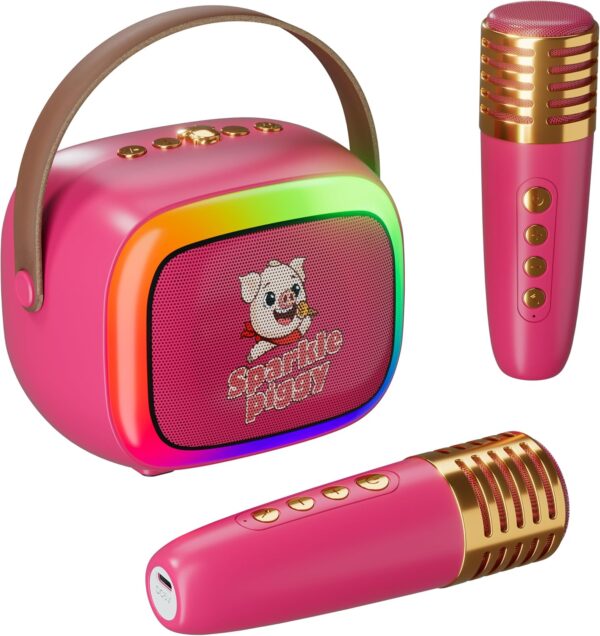2024 New Mini Karaoke Machine for Kids & Adults, 2 Wireless Mics, LED Colortul Lights, Portable Outdoor Bluetooth Speaker, Toys Birthday Gifts for Boys & Girls Ages 3-12 (Rose Red)