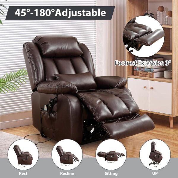 EDILLY Large Genuine Leather Power Lift Recliner Chair for Elderly, Dual Motor with Massage and Heating,with Double Lumbar Cushion and Extended Footrest,USB Port and Remote(Brown) - Image 5