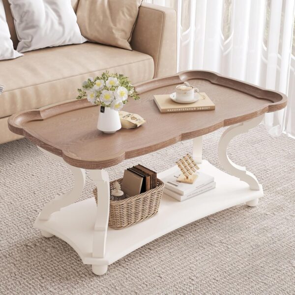 Function Home Farmhouse Coffee Table, Modern Cocktail Table with Storage Shelf, Sofa Table with Natural Tray Top and Carved Legs for Living Room, Bedroom, Dining Room in Vintage White - Image 3
