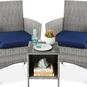 Best Choice Products 3-Piece Outdoor Wicker Conversation Bistro Set, Space Saving Patio Furniture for Garden w/Side Table - Gray/Navy