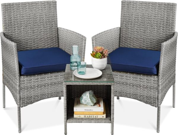 Best Choice Products 3-Piece Outdoor Wicker Conversation Bistro Set, Space Saving Patio Furniture for Garden w/Side Table - Gray/Navy