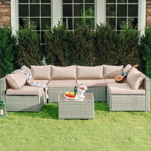 Skyfish 7 Pieces Patio Furniture Set - Outdoor Sectional Wicker Rattan Furniture with Cushion and Glass Table Patio Conversation Sets for Porch Poolside Backyard Outdoor Sofa Set Modular Sofa