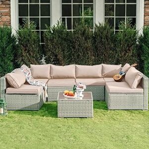 Skyfish 7 Pieces Patio Furniture Set - Outdoor Sectional Wicker Rattan Furniture with Cushion and Glass Table Patio Conversation Sets for Porch Poolside Backyard Outdoor Sofa Set Modular Sofa