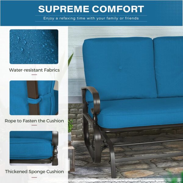 Crownland Outdoor Patio Glider Chair Porch Furniture Loveseat Seating, Wrought Iron Patio Glider for Outside with Cushion (Peacock Blue) - Image 4