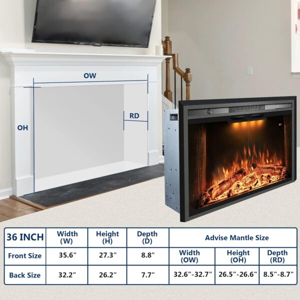 Electric Fireplace Insert, 36 Inches Recessed Fireplace Heater with Adjustable Flame and Top Light Colors, Fire Crackling Sound, Remote Control, Timer, 750W/1500W, Black - Image 6
