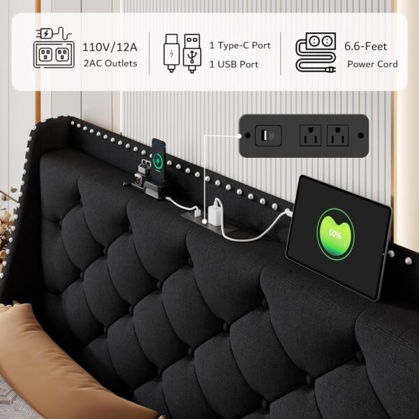 iPormis Queen Bed Frame with 16" Deluxe Wingback & Charging Station,Upholstered Platform Bed with Button Tufted Storage Headboard, Solid Wood Slats Support, No Box Spring Needed, Black - Image 3