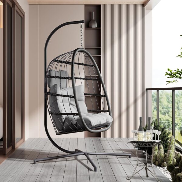 HWB Hanging Egg Chair with Stand, Patio Wicker Egg Swing Chair with Cushion for Bedroom Garden Indoor Outdoor (Grey) - Image 3