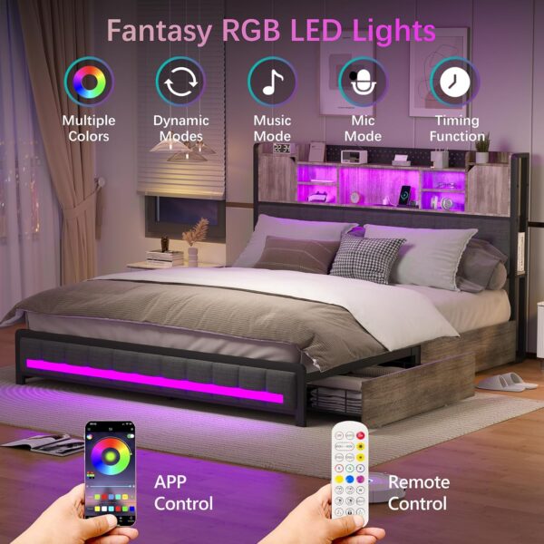 Full Bed Frame with 4 Storage Drawers and Bookcase Headboard, Upholstered Bed Full Size with USB Charging Station & LED Lights, Metal Platform Bed with Storage, No Box Spring Needed, Oak Gray - Image 3
