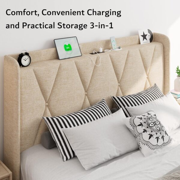 iPormis Queen Bed Frame with 4 Storage Drawers, Upholstered Platform Bed Frame with Charging Station, Modern Wingback Storage Headboard, Easy Assembly, Beige - Image 3