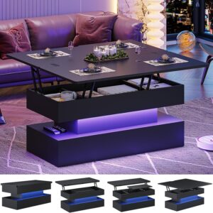 Itaar 40" Lift Top Coffee Table, 4 in 1 Coffee Table with Storage & LED Light, Small Coffee Tables for Living Room, Modern Coffee Table with Lifting Top for Dining Reception Room, Black