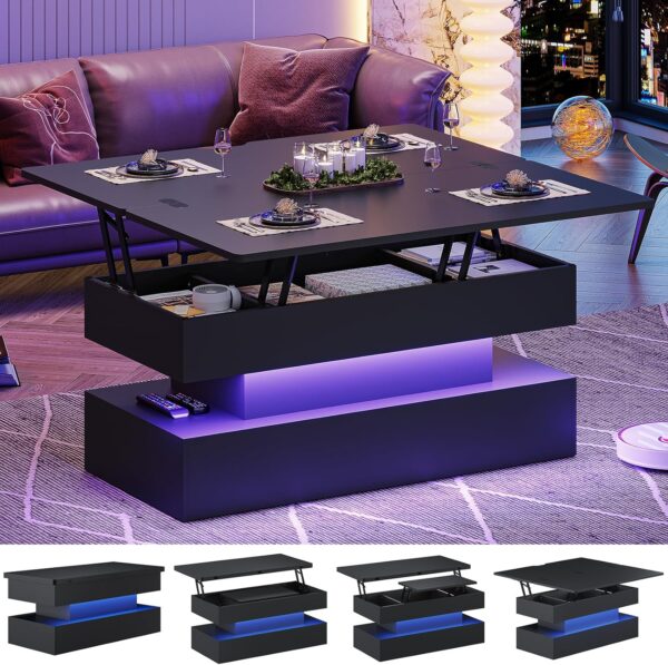 Itaar 40" Lift Top Coffee Table, 4 in 1 Coffee Table with Storage & LED Light, Small Coffee Tables for Living Room, Modern Coffee Table with Lifting Top for Dining Reception Room, Black