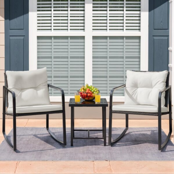 Flamaker Patio Chairs 3 Piece Wicker Rocking Chair Outdoor Bistro Sets with Coffee Table and Cushions Metal Frame Patio Furniture for Porch, Balcony, Lawn (White) - Image 2