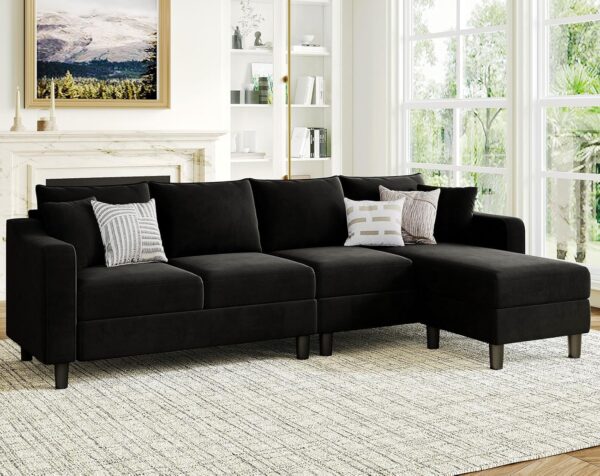 Belffin Velvet Convertible Sectional Sofa L Shaped Couch Reversible Sectional Sofa with Chaise Velvet 4 Seat Sectional Sofa (Black)… - Image 3