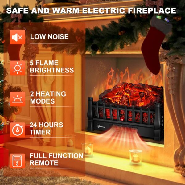 Electric Fireplace Logs Inserts Heater with Infrared Remote Controller 5 Flame Brightness 24 H Timer Overheating Protection for Home and Office Decor Black - Image 5