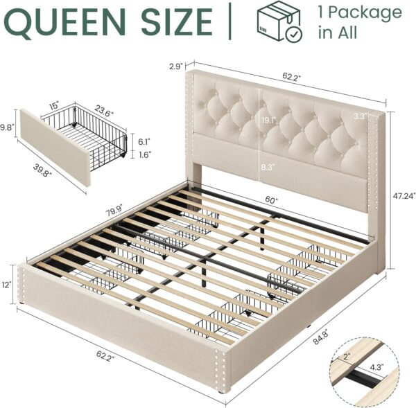 Queen Size Bed Frame with Storage and Tufted Headboard Linen Upholstered Platform Bed Frame with 4 Drawers, Wood Slats Support, Easy Assembly, Noise-Free, Beige - Image 2