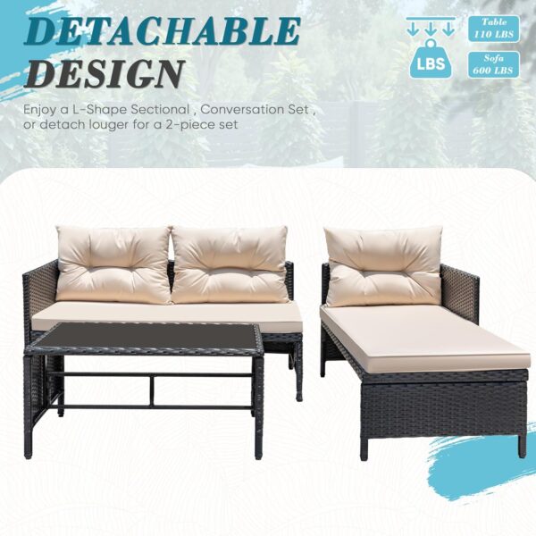 Greesum 3 Piece Patio Furniture Set Outdoor Wicker Rattan Sectional Sofa with Cushions & Coffee Table for Yard, Garden, Porch, Poolside, Beige - Image 6
