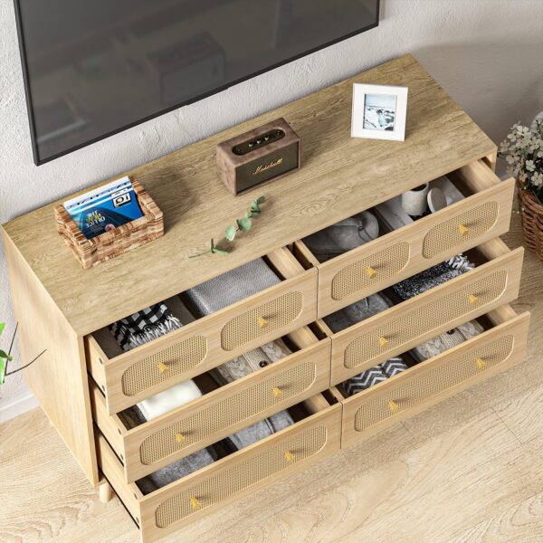 Rattan Dresser for Bedroom, Modern 6 Drawer Double Dresser with Gold Handles, Natural Wood Storage Dressers & Chests of Drawers, 6 Drawer Dressers - Image 6