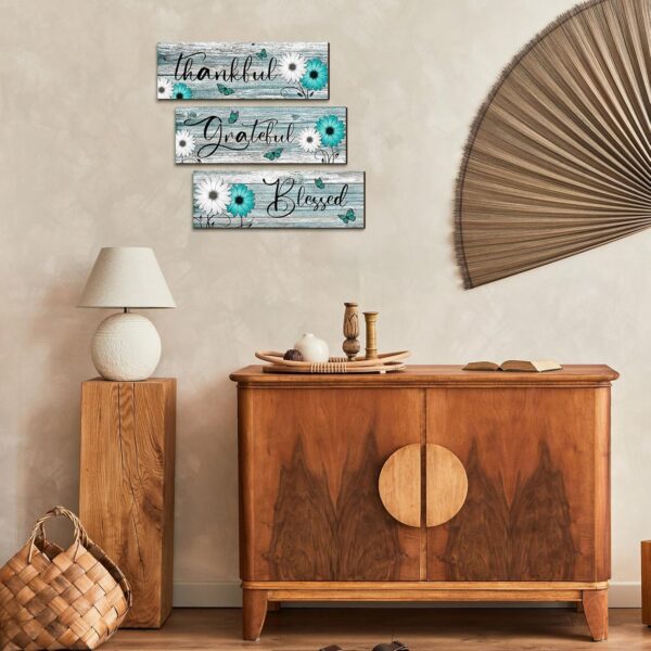 Geetery 3 Pcs Thankful Grateful Blessed Wooden Signs Rustic Daisy Wood Wall Decor Inspirational Wall Art Signs Rustic Wooden Hanging Decorations for Bedroom Kitchen Living Room Bathroom Home (Teal) - Image 5