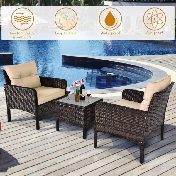 Tangkula 3 Piece Outdoor Patio Furniture Set for 2, Wicker Chairs with Glass Top Coffee Table, Thick Cushions, All Weather Garden Lawn Poolside Backyard Porch (Brown) - Image 4