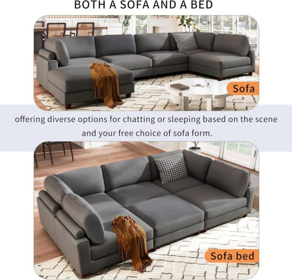 Free Combination Convertible Modular Sectional Sofa with Movable Ottomans , 163'' Oversized Corduroy Upholstered Sleeper Corner Couch Sofabed with Wooden Legs and Detachable Cushions for Living Room - Image 6