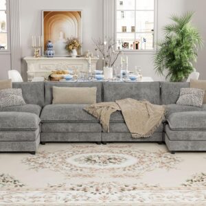 YESHOMY Sectional Modular Sofa U Shaped Chenille Fabric Couch with High Supportive & Soft Sponges and Removable Ottoman, Sleeper Comfy Upholstered Furniture for Living Room, Grey