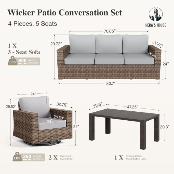 HERA'S HOUSE Patio Furniture Sets, Swivel Rocker Chairs with Wide Armrest, 4-Piece Wicker Outdoor Furniture Sectional Sofa, Patio Conversation Set for Backyard Deck Poolside, Grey - Image 6