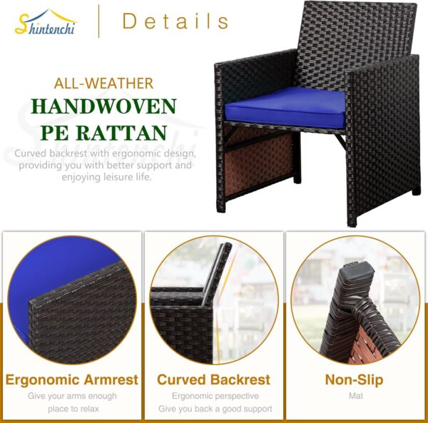 Shintenchi Wicker Patio Conversation Furniture Set with Detachable Chairs & Table and Two Removable Cushions,Rattan Wicker Lover Chair for Patio,Garden, Courtyard and Lawn Backyard (Blue) - Image 4