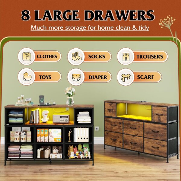 WLIVE Dresser for Bedroom, TV Stand for Bedroom for 55 inch TV with Charging Station and LED Lights, Fabric Chest of Drawers with Open Shelves, 8 Drawers Dressers for Living Room, Closet - Image 4