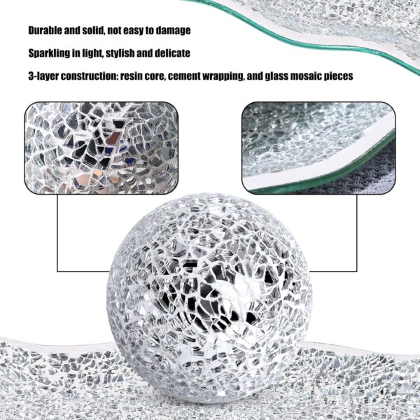 JOHOUSE 3PCS Decorative Glass Bowl and Orbs Set, 3 Inch Silver Mosaic Sphere Balls Centerpiece Balls for Bowls Vases Dining Table Home Decor Wedding Party - Image 3