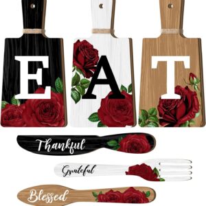 6 Pieces Cutting Board Kitchen Decor Red Rose Eat Sign Set Wooden Kitchen Knife Fork Spoon with Thankful Grateful Blessed Hanging Sign Rustic Farmhouse Wedding Wall Art for Wedding Home Decoration