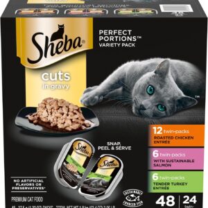 SHEBA Perfect Portions Cuts in Gravy Wet Cat Food Trays, Roasted Chicken, Gourmet Salmon and Tender Turkey Entrée Variety Pack, Easy Peel Twin-Pack Trays, 1.32 Ounce (Pack of 48)