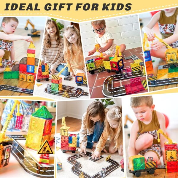Kids Games Magnetic Tiles Road Set with Extendable Magnetic Crane, City Construction Building Toys for Toddlers STEM Preschool Toys Ages 4-6 5-7, Gifts for 3+ Year Old Boys Girls Kids Toys with Car - Image 2