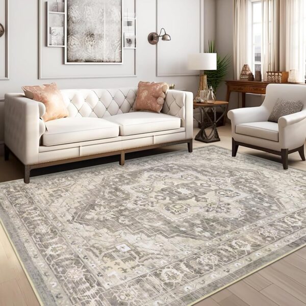 Pauwer Boho Area Rug 5x7, Large Washable Area Rugs for Living Room, Soft Vintage Bedroom Rug Carpet, Farmhouse Non Slip Low-Pile Throw Area Rugs for Dining Room Entryway Dorm, Natural Brown Sage - Image 6