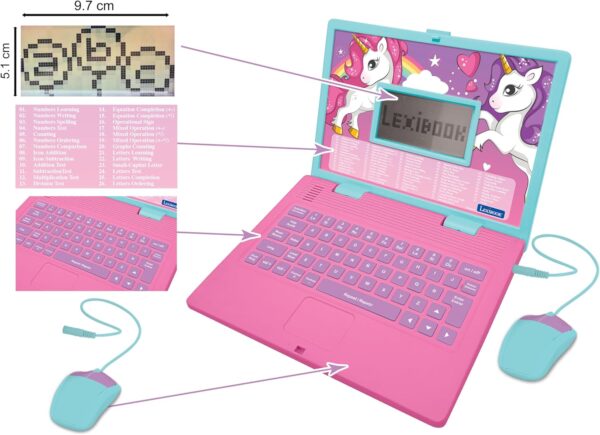 LEXiBOOK - Unicorn Educational and Bilingual Laptop Spanish/English - Toy for Children with 124 Activities to Learn Mathematics, Dactylography, Logic, Clock Reading, Play Games and Music - JC598UNIi2 - Image 3