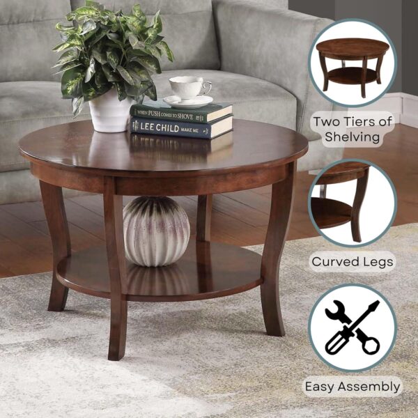 Convenience Concepts American Heritage Round Coffee Table with Shelf, 30(L) x 30(W) x 18"(H), Espresso - Image 5