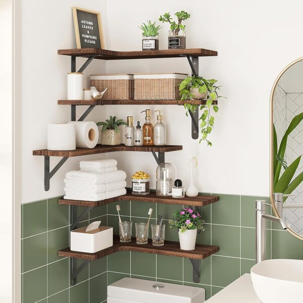 Fixwal Corner Floating Shelves, Rustic Wood Wall Shelves for Bathroom, Kitchen, Bedroom or Living Room (Dark Carbonized Black) - Image 6