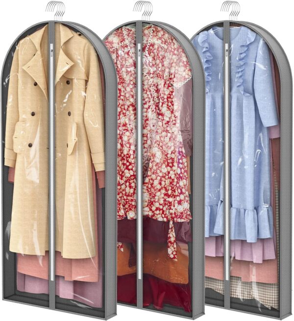 Dress Bags for Gowns Long, 60'' Garment Bags for Hanging Clothes, Dress Garment Bag, Clear Foldable Long Dress Bag for Closet Storage and Travel, 3 Pack
