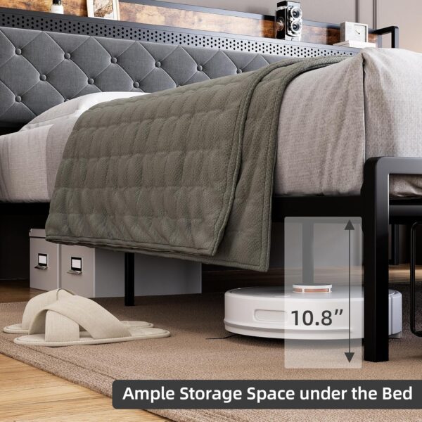 King Size Metal Platform Bed Frame, Headboard and 2 Drawers, with Led Lights, USB Interfaces and Sockets, Mute Design, No Box Spring Needed, Grey - Image 6
