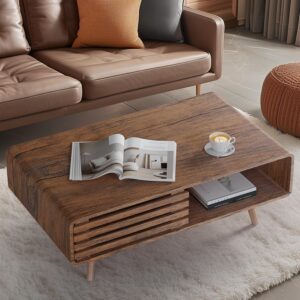 Coffee Table with Storage, Mid Century Modern Coffee Table for Living Room, Farmhouse, Rectangle Coffee Table, Wooden Center Table (Walnut)
