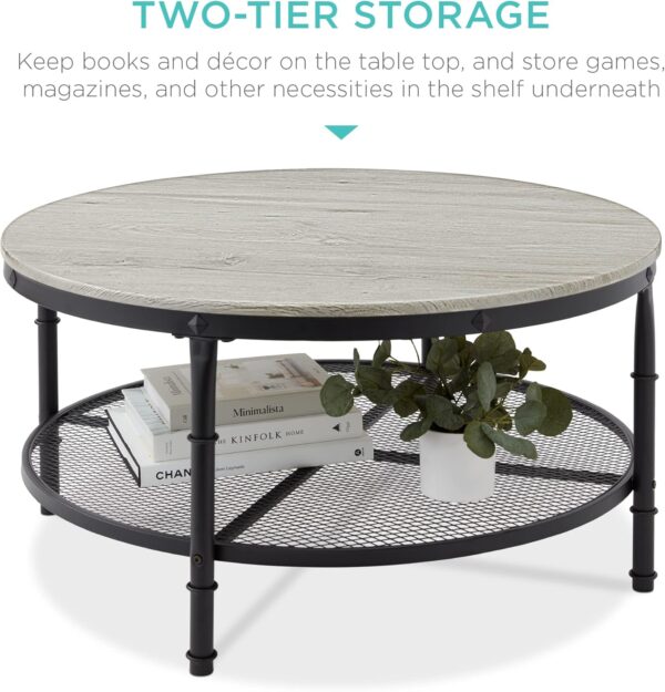 Best Choice Products 2-Tier 35.5in Round Industrial Coffee Table, Rustic Steel Accent Table for Living Room, w/Wooden Tabletop, Reinforced Crossbars, Padded Feet, Open Shelf, Raised Bottom - Gray - Image 6