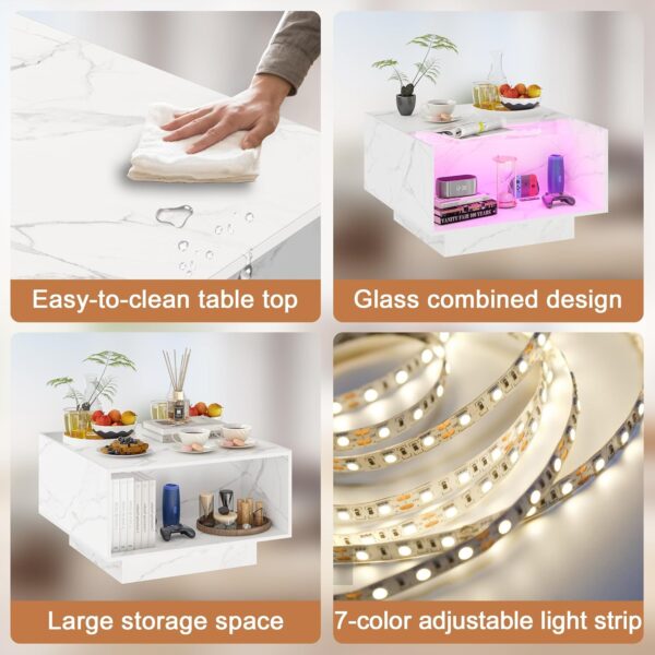 HOME BI LED Coffee Table for Living Room, Center Table with 2 Storage Glass Drawers for Game Night, Unique 16 Colors LED Lights Wood Coffee Tables, White - Image 5